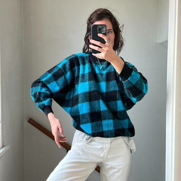 Vintage Buffalo Plaid Checkerboard Print 70s 80s 90s V Neck Lumberjack Sweater M - Picture 1 of 4